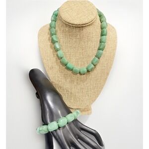 Green Stone Bead Necklace Bracelet Set Chunky Square Polished Stones Heavy 16"